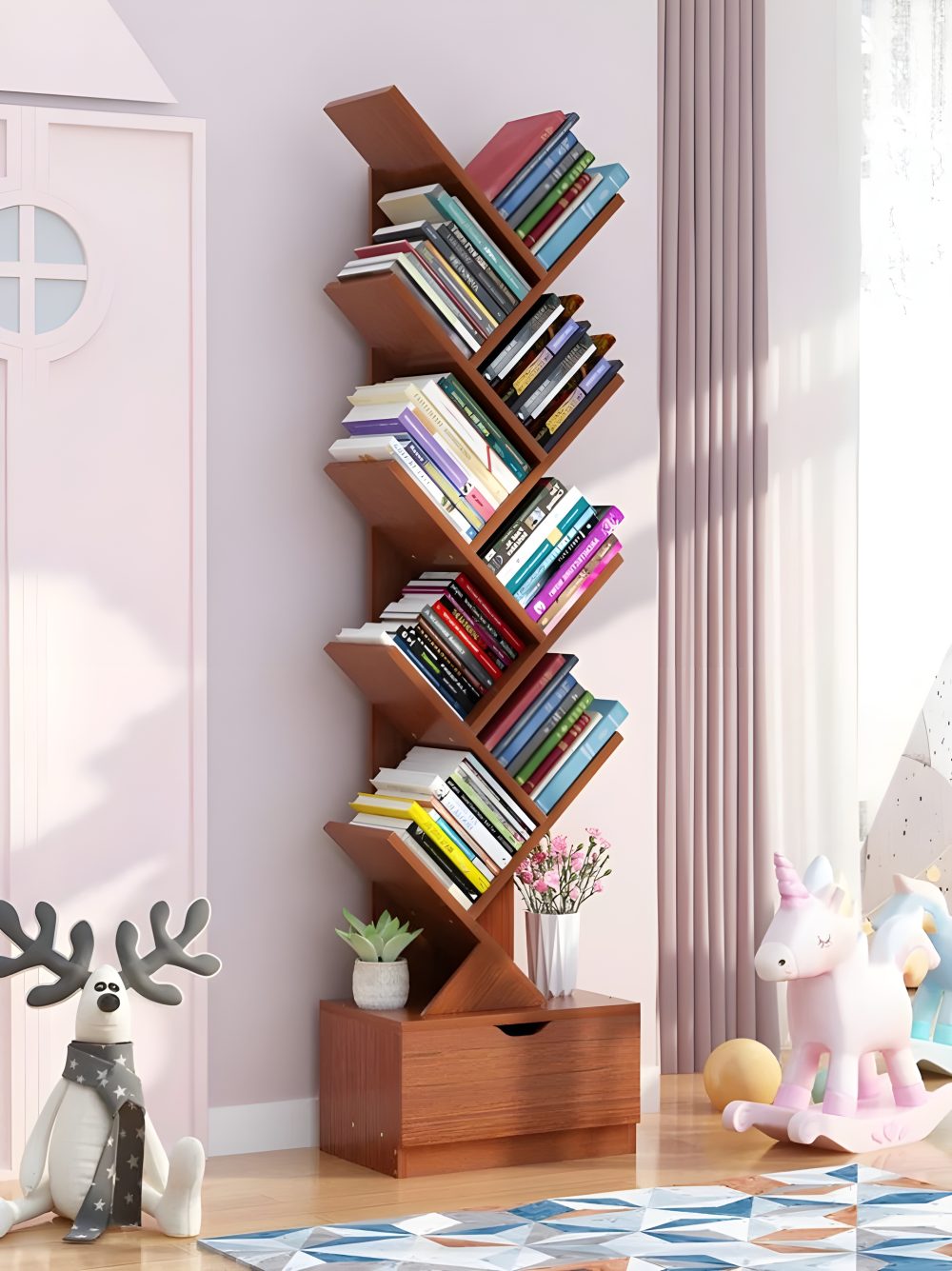 9-Tier Tree Shape Book Shelf | Wooden Tree Shape Bookshelf for Office & Home